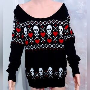 TORRID HEARTS AND SKULLS WHIMSIGOTH COTTON OFF SHOULDER SWEATER SIZE 0 = L